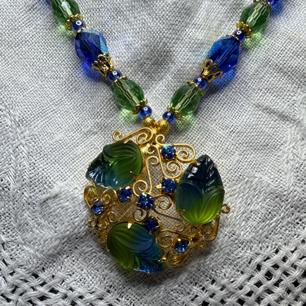 Blue and Green Glass Leaf Pendant Necklace - Gold Filigree